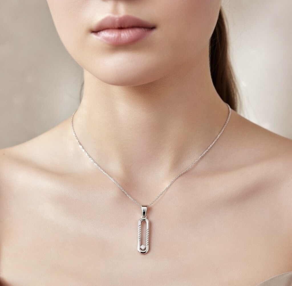 Sterling Silver 925 Rectangular Open CZ Pendant "Linea" - Silver Image 3