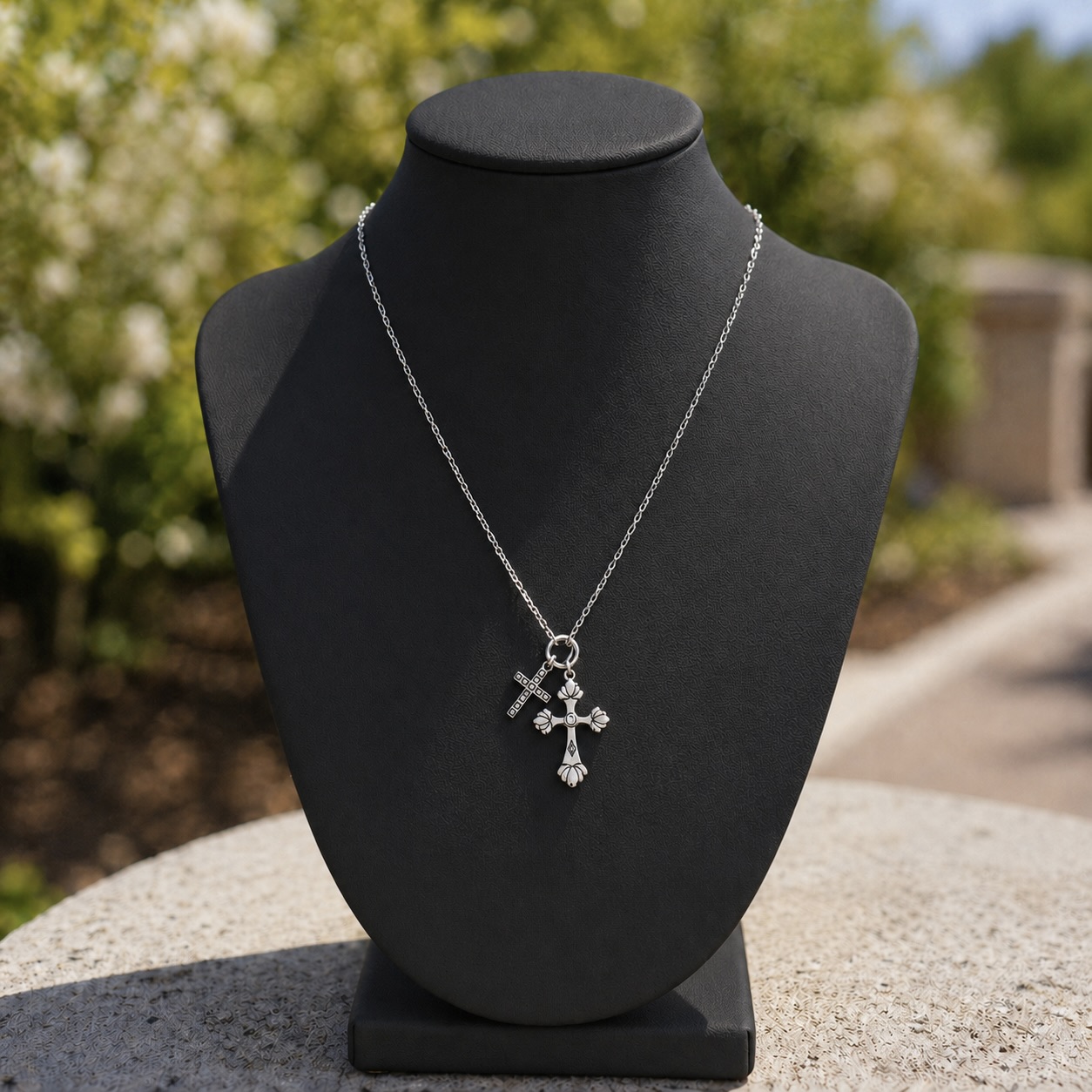 Sterling Silver 925 Cross Pendant Swarovski Crystal Necklace "Dual Grace" - Image 2