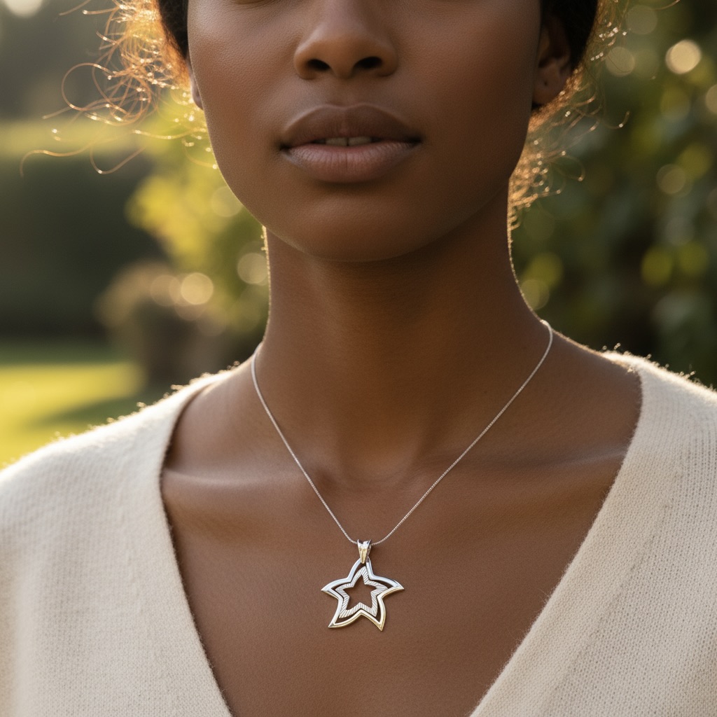 Sterling Silver 925 Double Star Outline Pendant "Stellar" - Image 3