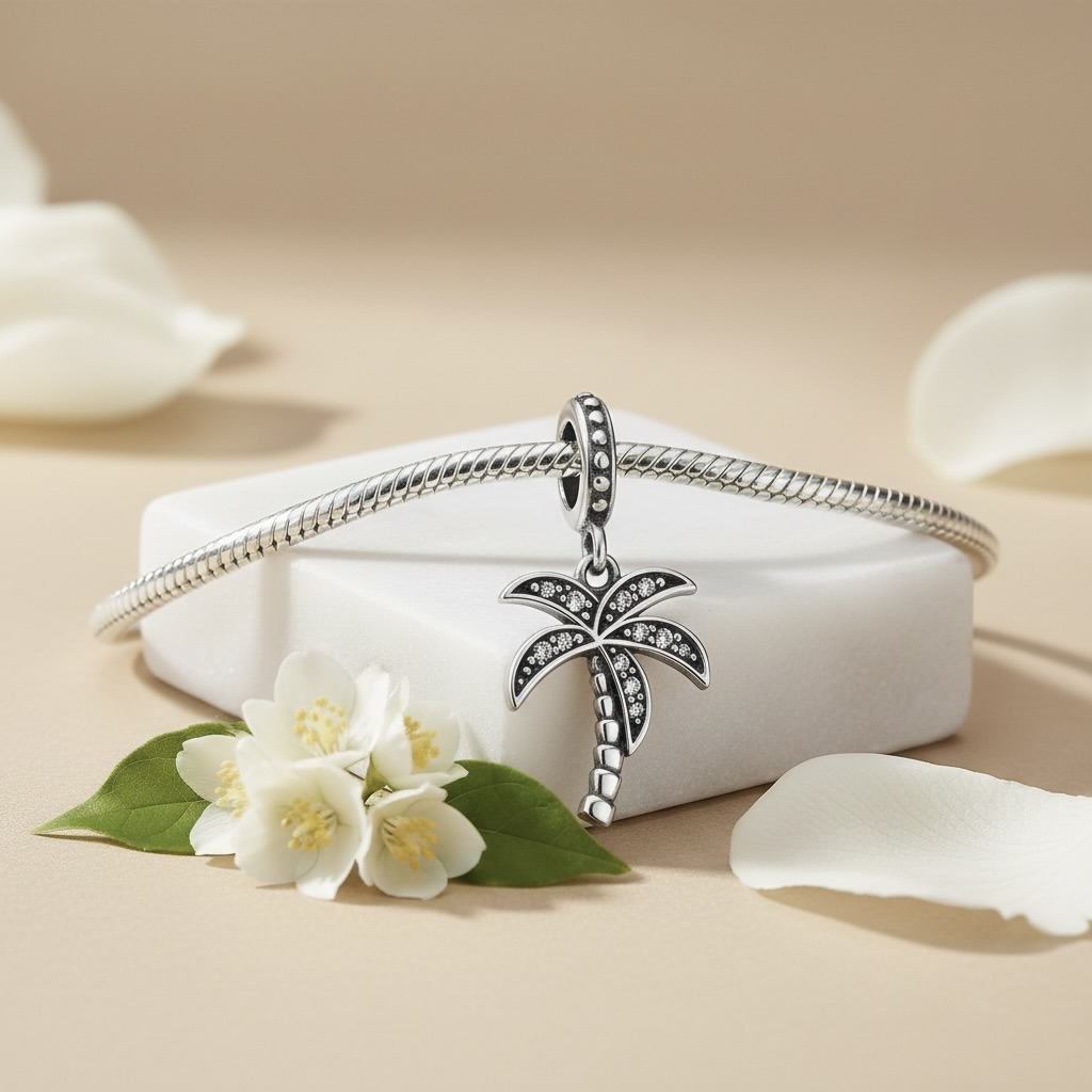 Sterling Silver 925 Palm Tree Bracelet CZ Stones Charm "Summer Breeze" - Image 3