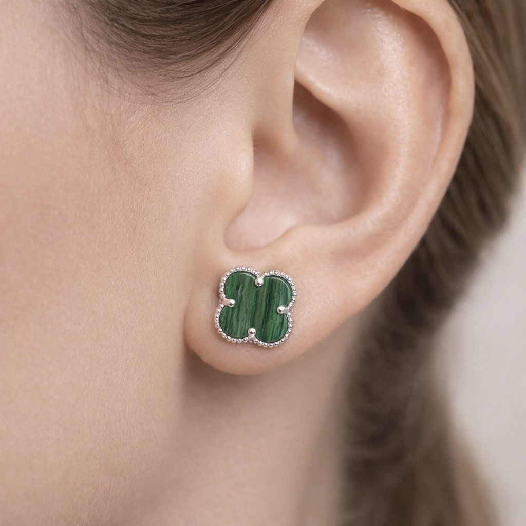 Sterling Silver 925 Green Malachite Clover Stud Earrings “Verdant” - Image 3