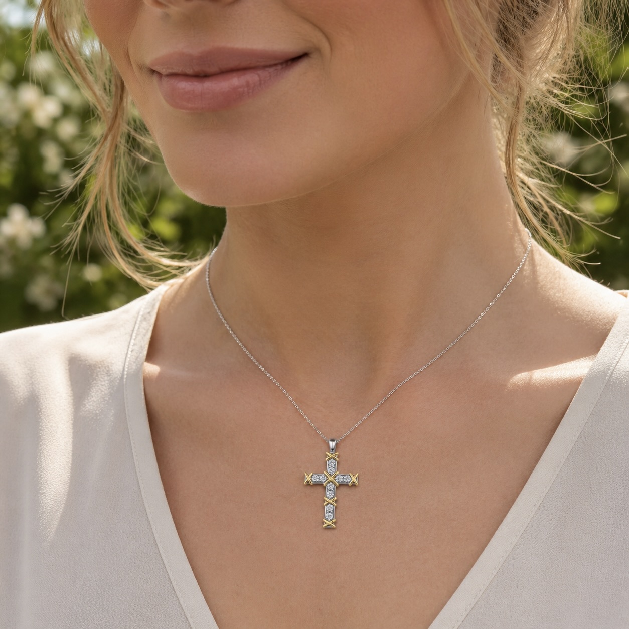 Sterling Silver 925 Cross Pendant Yellow Gold Plated CZ Necklace "Belle" - Image 3