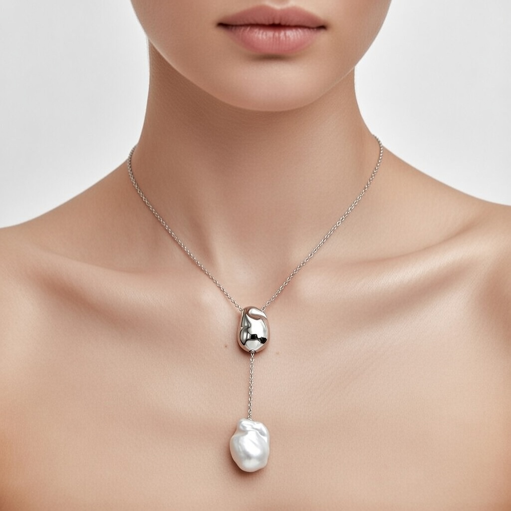 Sterling Silver 925 Pearl Necklace Pendant "Alluvial" - Silver Image 2