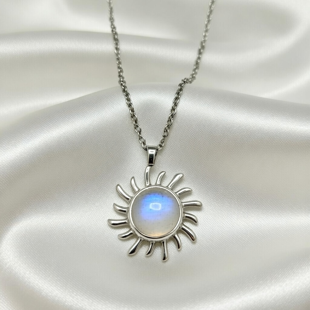 Sterling Silver 925 Moonstone Sun Charm Necklace Pendant "Alexia" - Silver Image 2