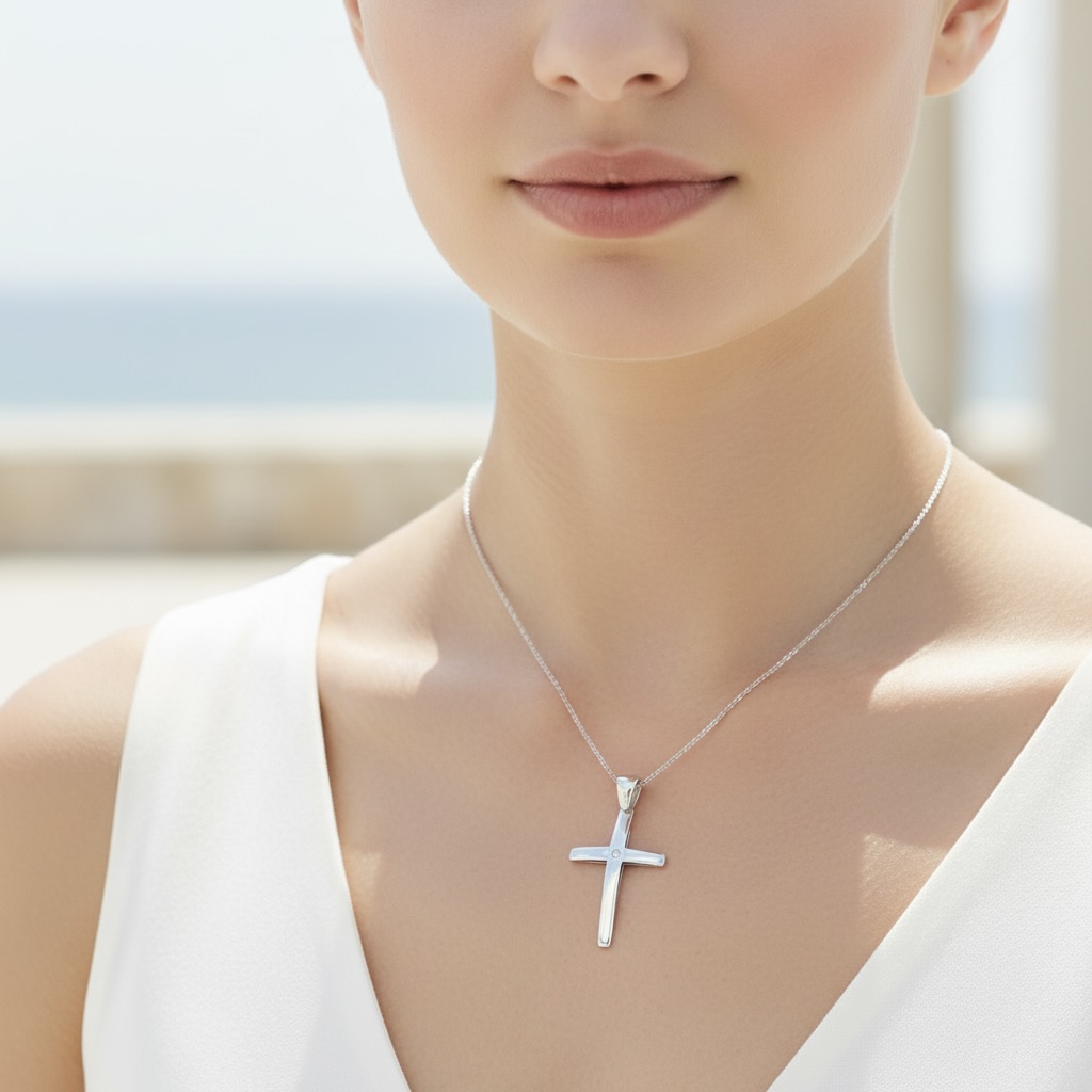 Sterling Silver 925 Cross Minimalist CZ Pendant "North Star" - Image 3
