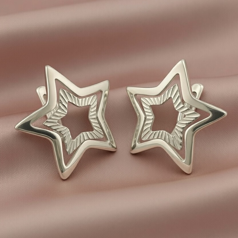 Sterling Silver 925 Double Star Earrings "Stellar" - Silver Image 3