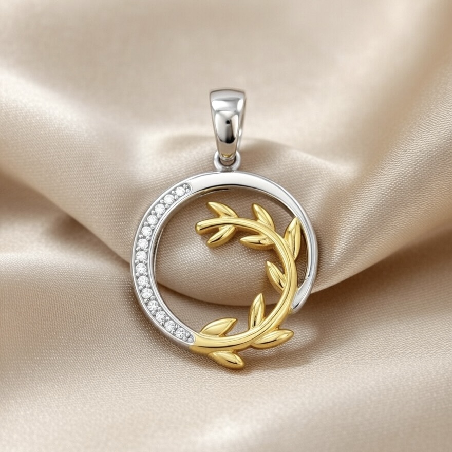 Sterling Silver 925 Gold Plated Olive Branch CZ Pendant "Olea" - Silver Image 2