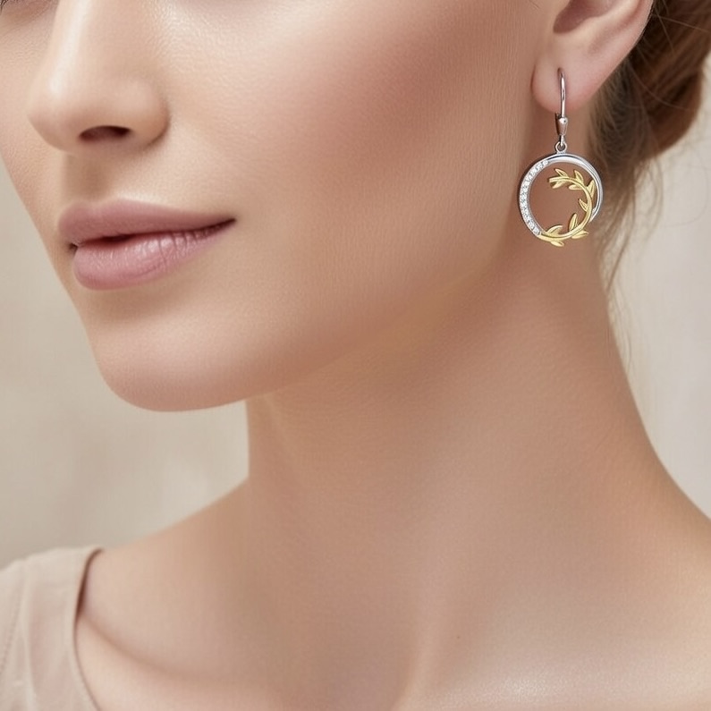 Sterling Silver 925 Gold Plated Olive Branch CZ Drop Earrings "Olea" - Silver Image 3