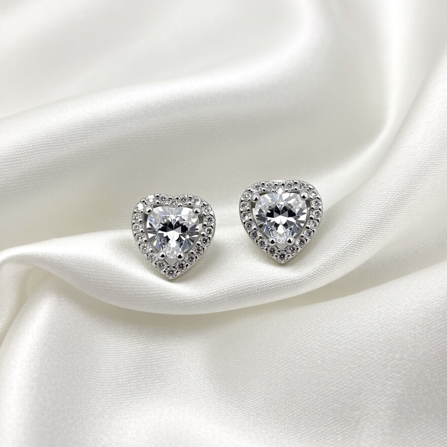 Sterling Silver 925 Halo Heart CZ Stud Earrings "Ore" - Silver Image 2