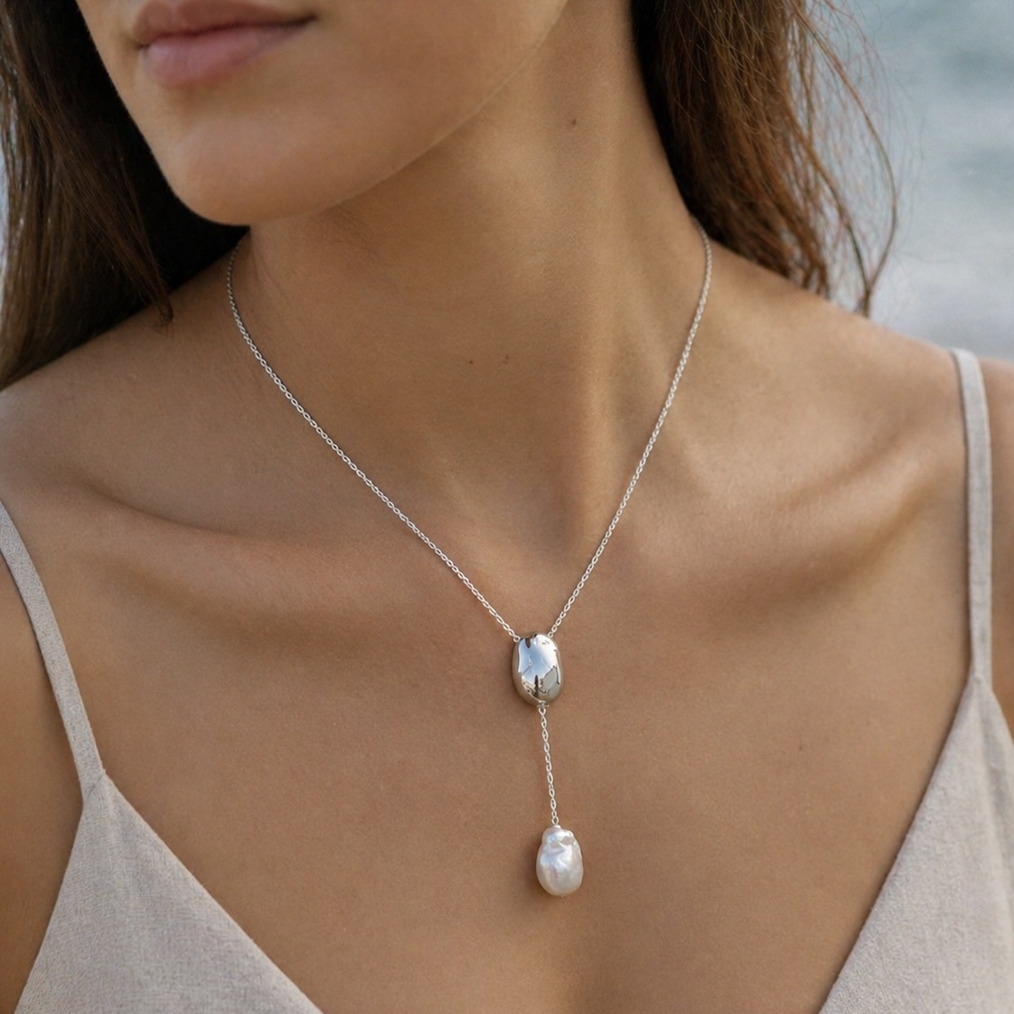 Sterling Silver 925 Pearl Necklace Pendant "Alluvial" - Image 3