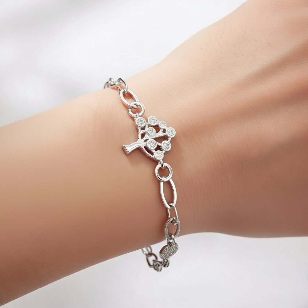 Sterling Silver 925 Tree of Life CZ Charm Chain Bracelet "Arbor" - Silver Image 3