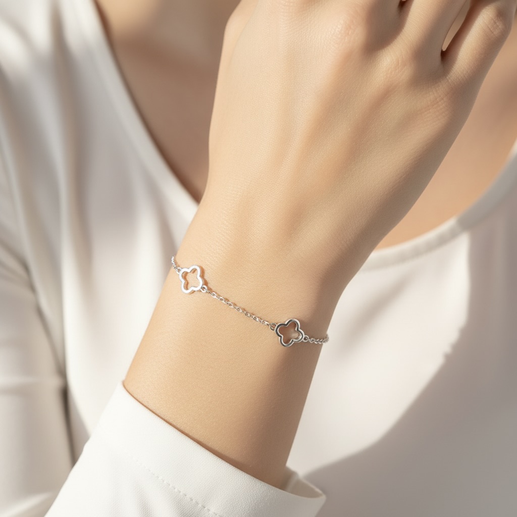 Sterling Silver 925 Openwork Four Leaf Clover Chain Bracelet "Oxalis" - Image 3