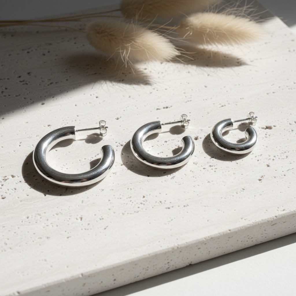 Sterling Silver 925 Chunky Huggie Hoop Stud Earrings "Piper" - Image 2