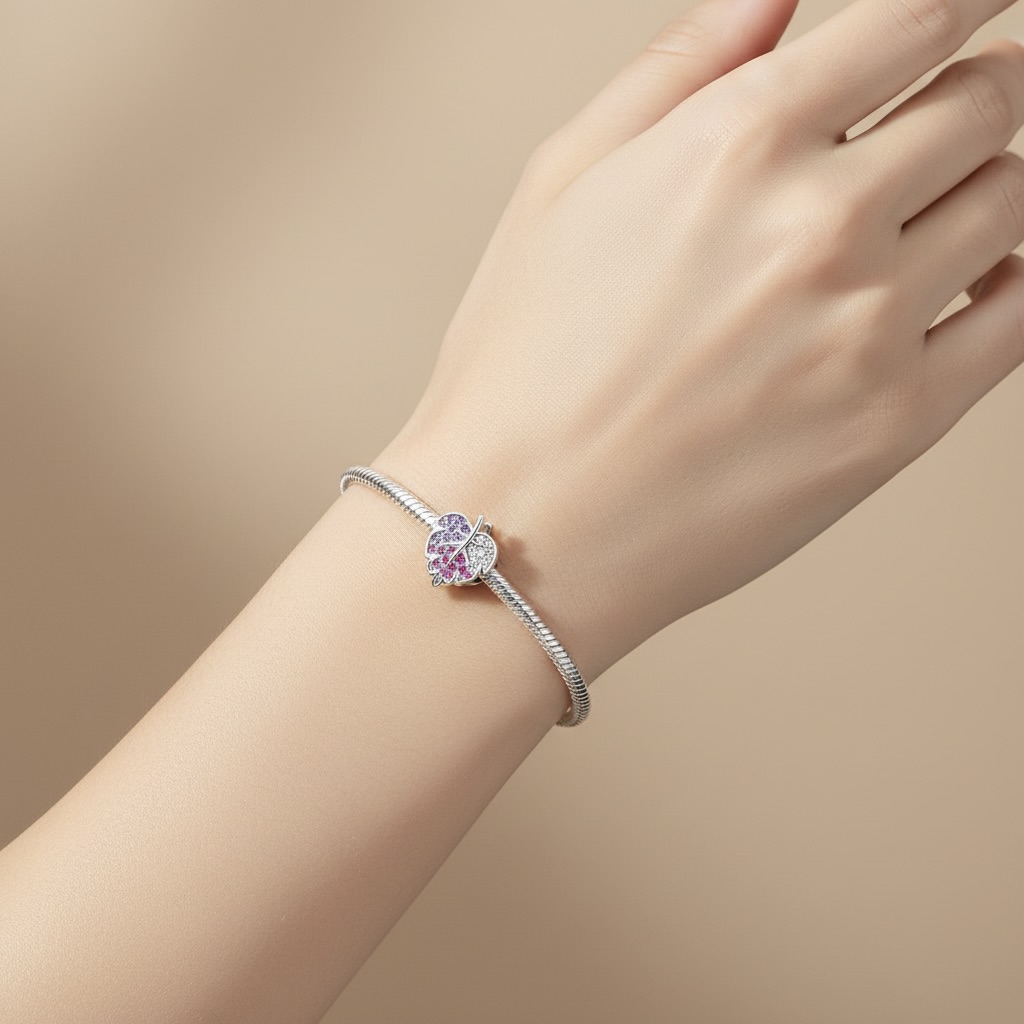 Sterling Silver 925 Sparkling Leaf Bracelet Bead Charm "Spring Blush” - Image 4
