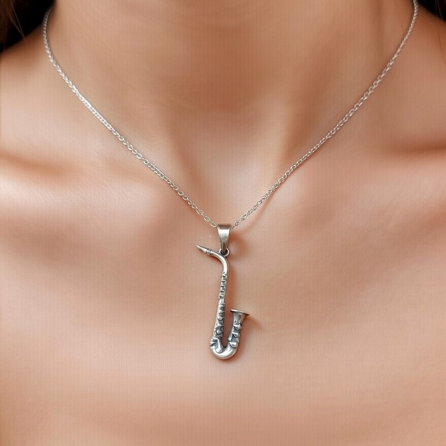 Sterling Silver 925 Saxophone Jazz Pendant "Alto" - Silver Image 3