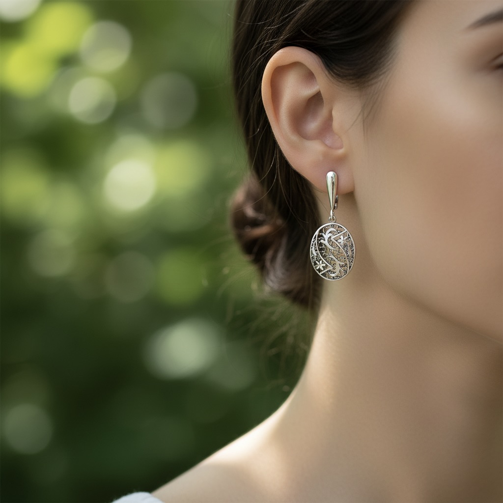 Sterling Silver 925 Drop Oval Earrings "Secret Garden" - Image 3