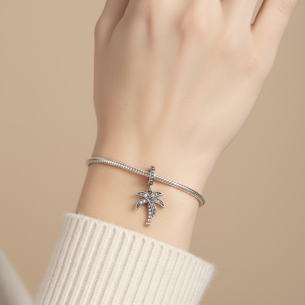 Sterling Silver 925 Palm Tree Bracelet CZ Stones Charm "Summer Breeze" - Image 4