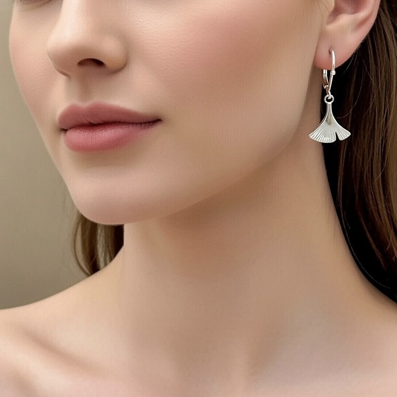 Sterling Silver 925 Fan Leaf Drop Earrings "Flabel" - Silver Image 3