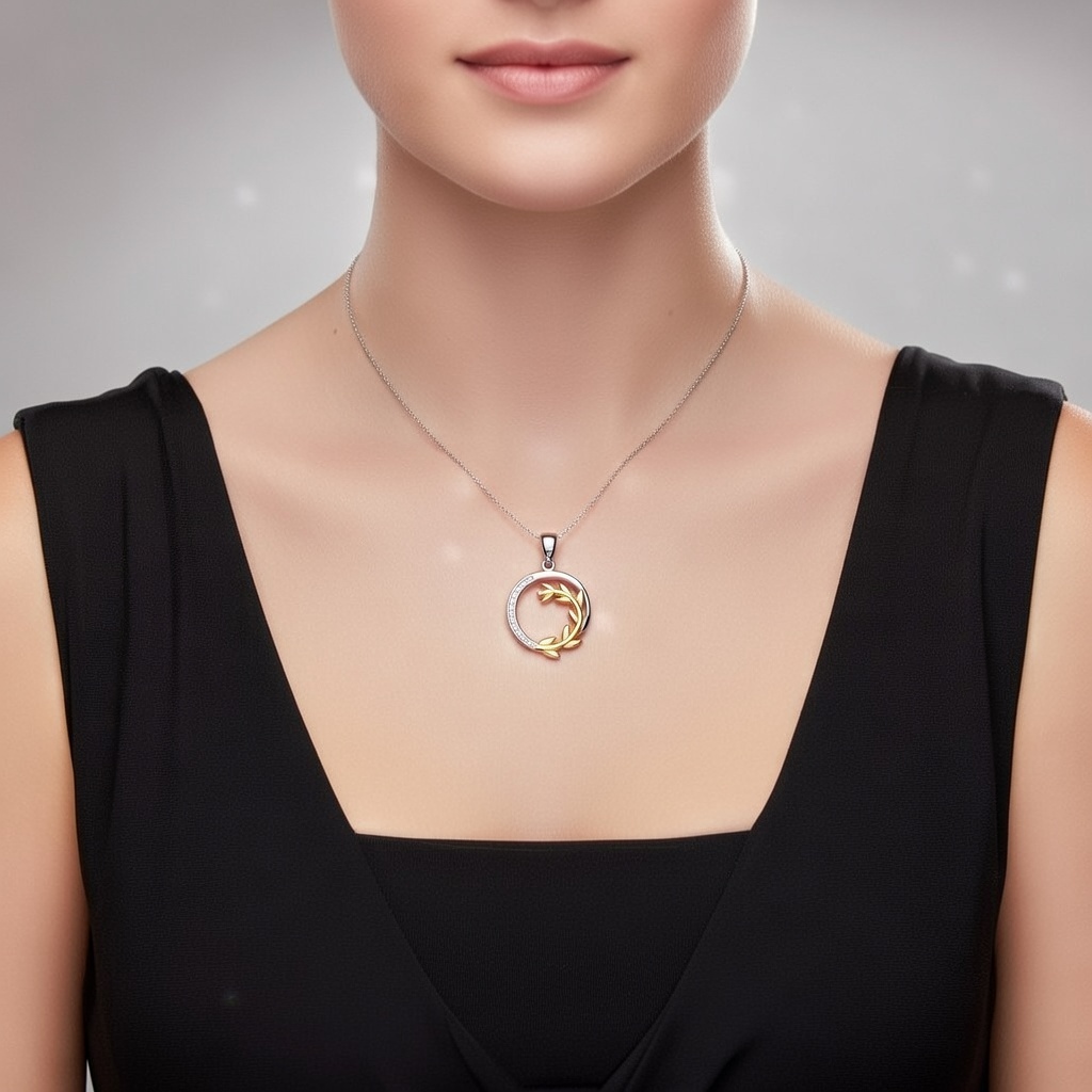 Sterling Silver 925 Gold Plated Olive Branch CZ Pendant "Olea" - Silver Image 3