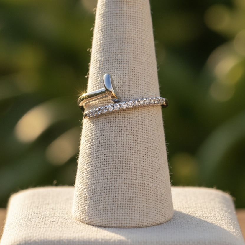 Sterling Silver 925 CZ Half Nail Adjustable Open Ring "L'ouvert" - Image 3
