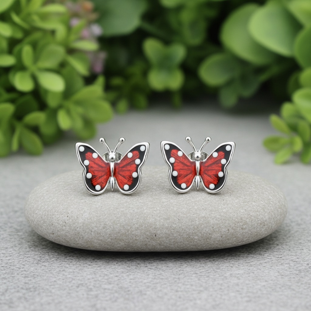 Sterling Silver 925 Red Enamel Butterfly Jewellery Set "Azalea" - Image 3
