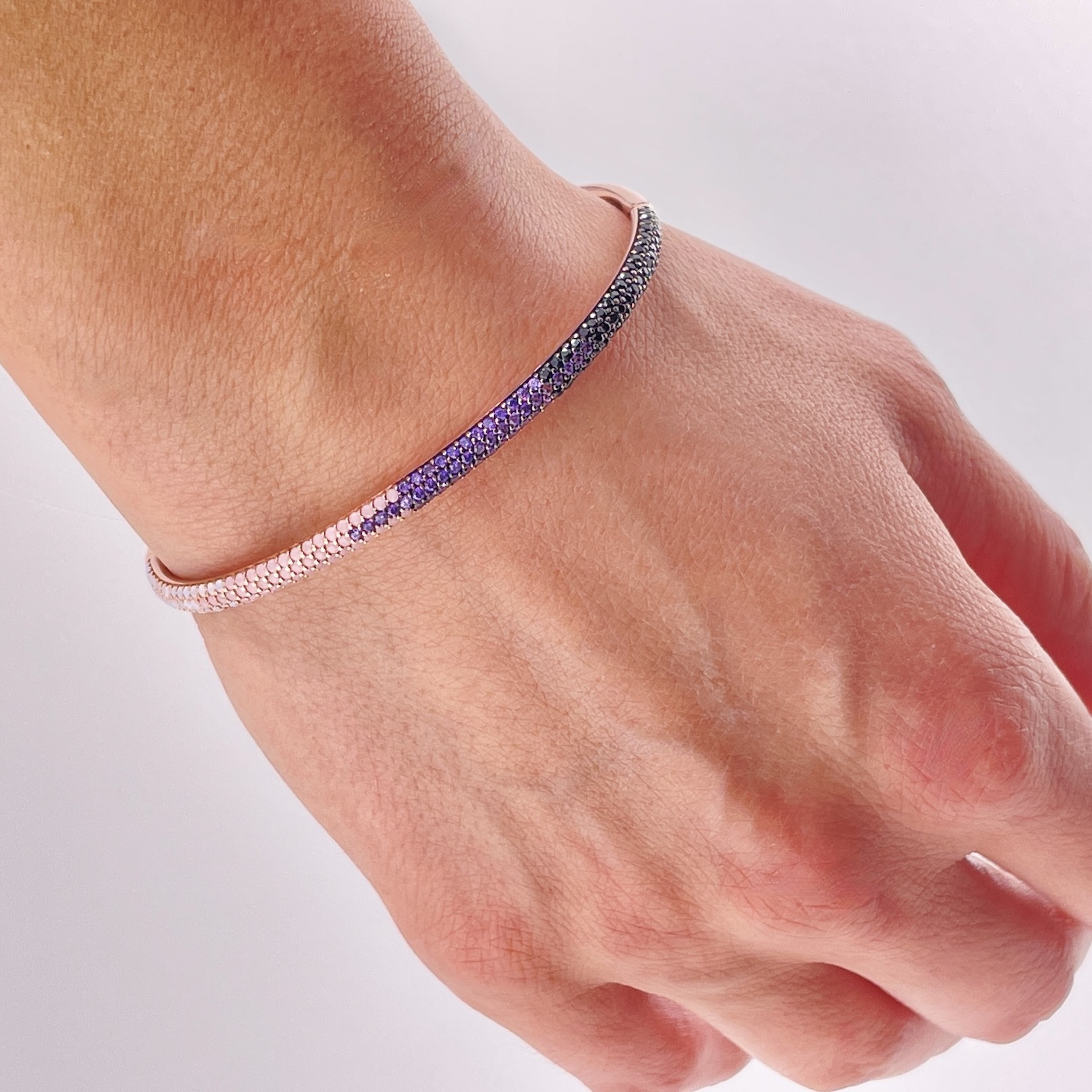 Sterling Silver 925 Rose Gold CZ Bangle Bracelet "Ombre" - Silver Image 2