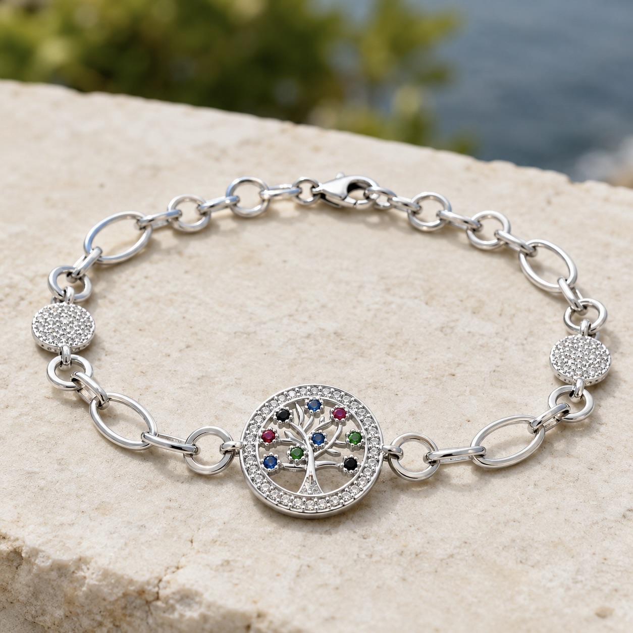 Sterling Silver 925 Tree of Life CZ Charm Chain Bracelet "Genesis" - Image 2