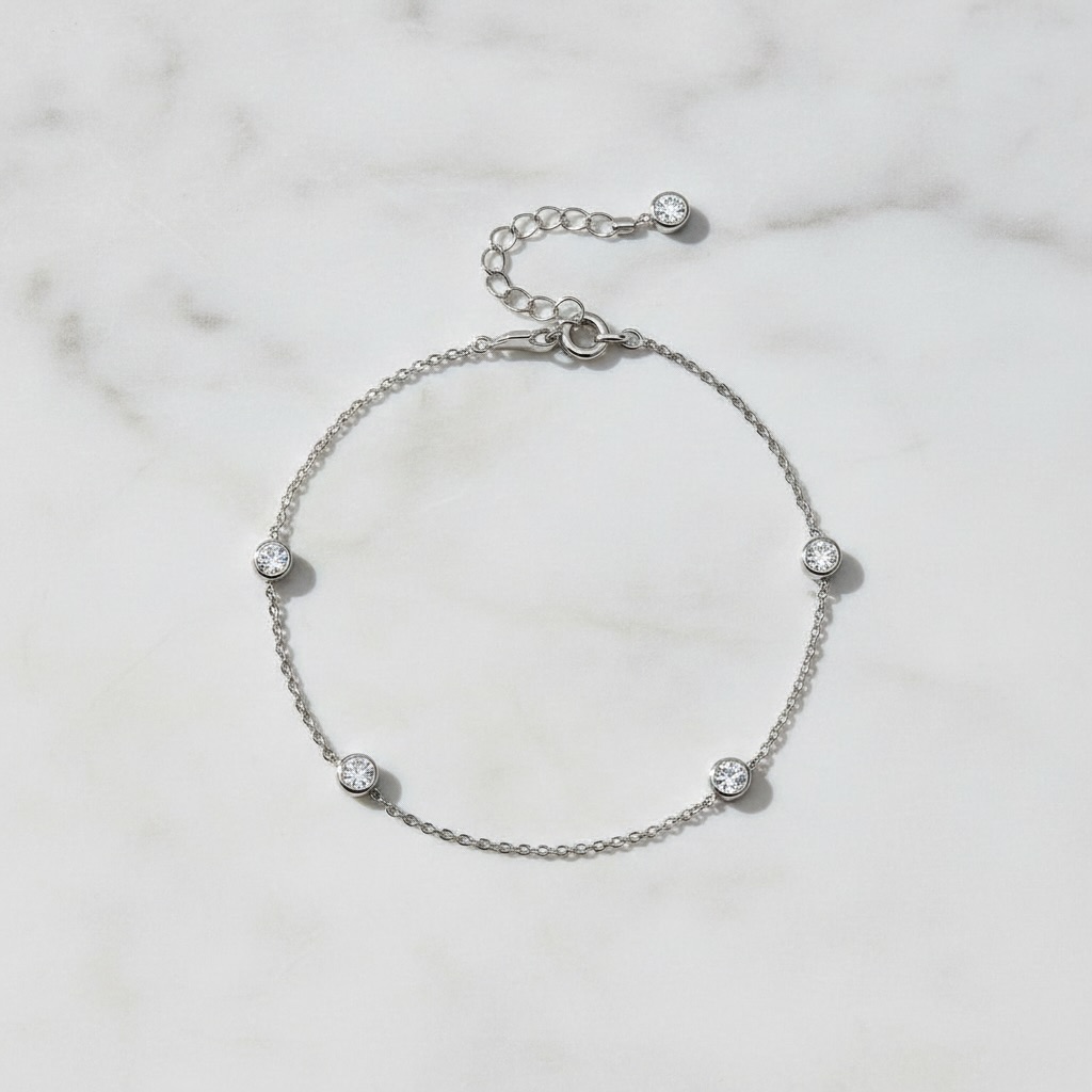 Sterling Silver 925 CZ Station Chain Bracelet "Phoebe" - Image 2