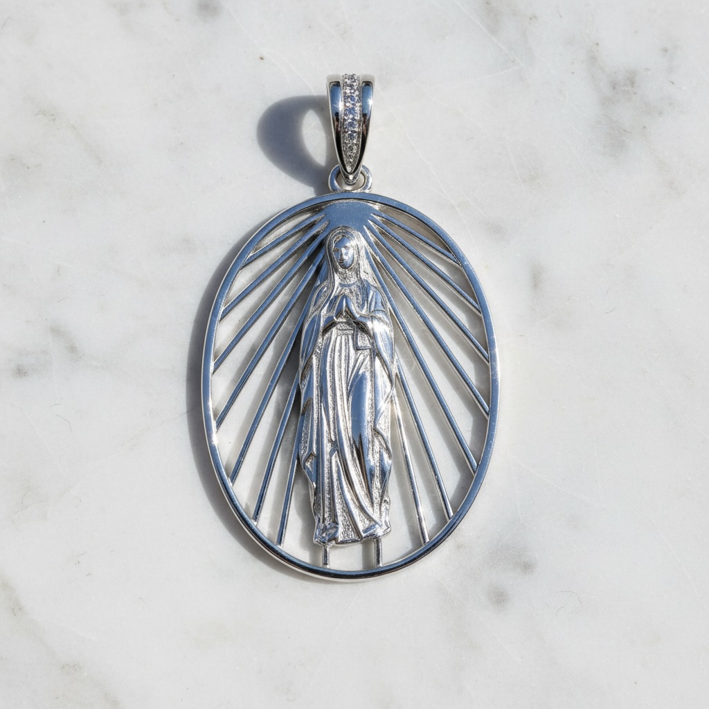 Sterling Silver 925 Virgin Mary CZ Cutout Pendant "Lourdes" - Image 2
