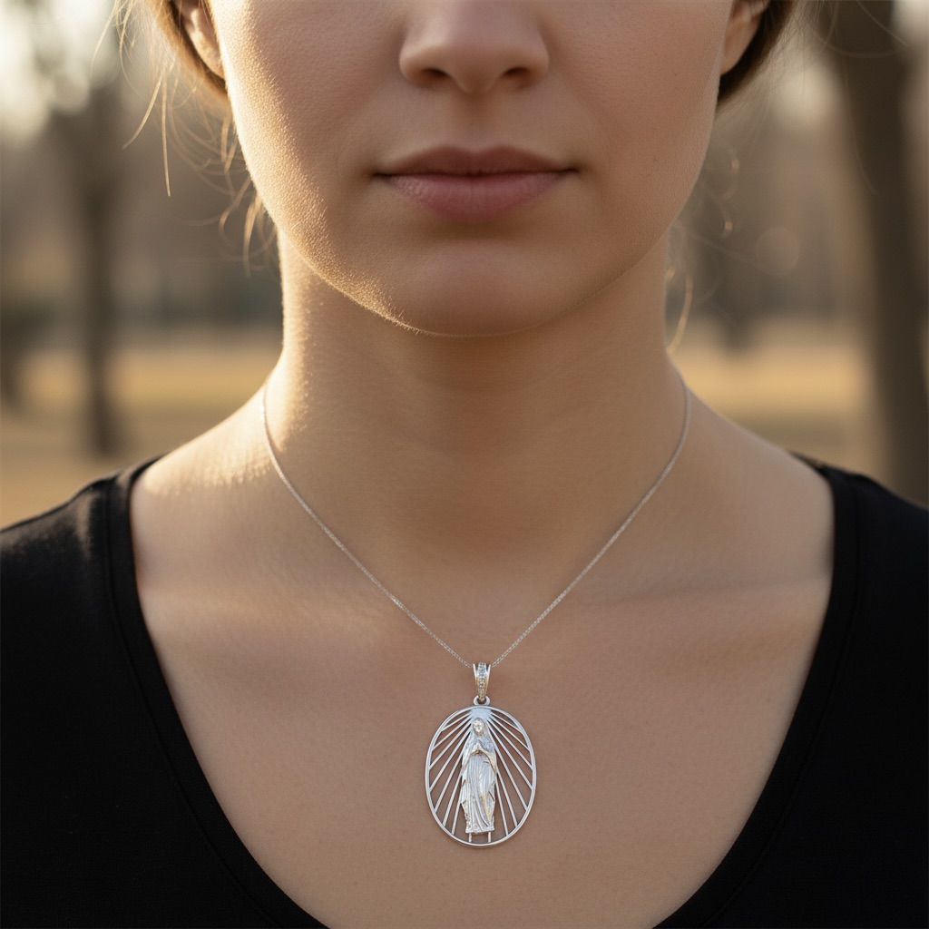 Sterling Silver 925 Virgin Mary CZ Cutout Pendant "Lourdes" - Image 3