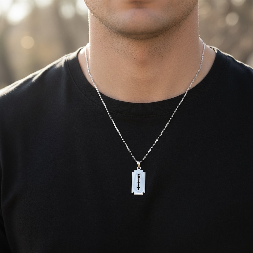 Sterling Silver 925 Razor Blade Pendant "RB" - Image 3