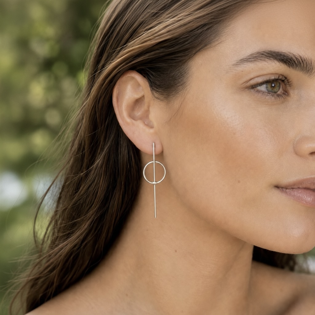 Sterling Silver 925 Minimalist Bar Circle Stud Earrings "Zen" - Image 4