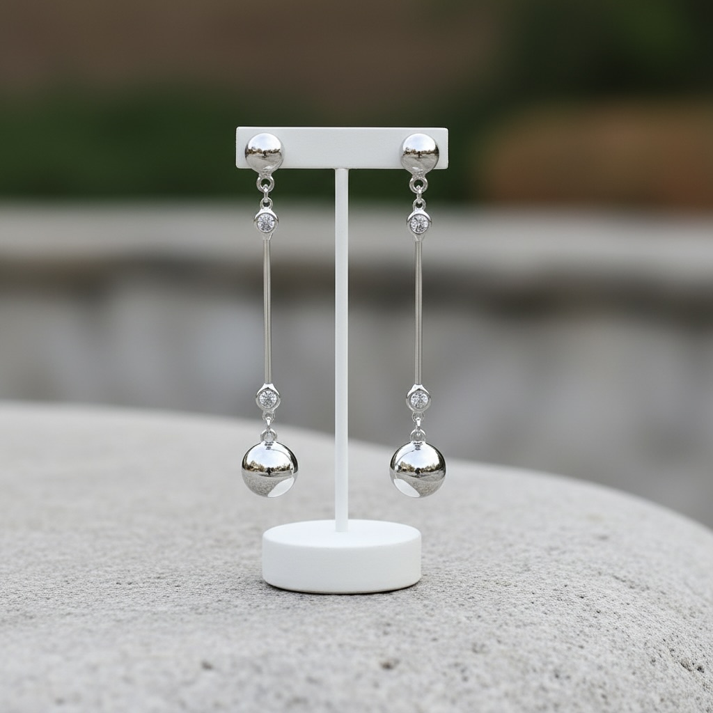Sterling Silver 925 CZ Bar Drop Earrings "Lara" - Image 2