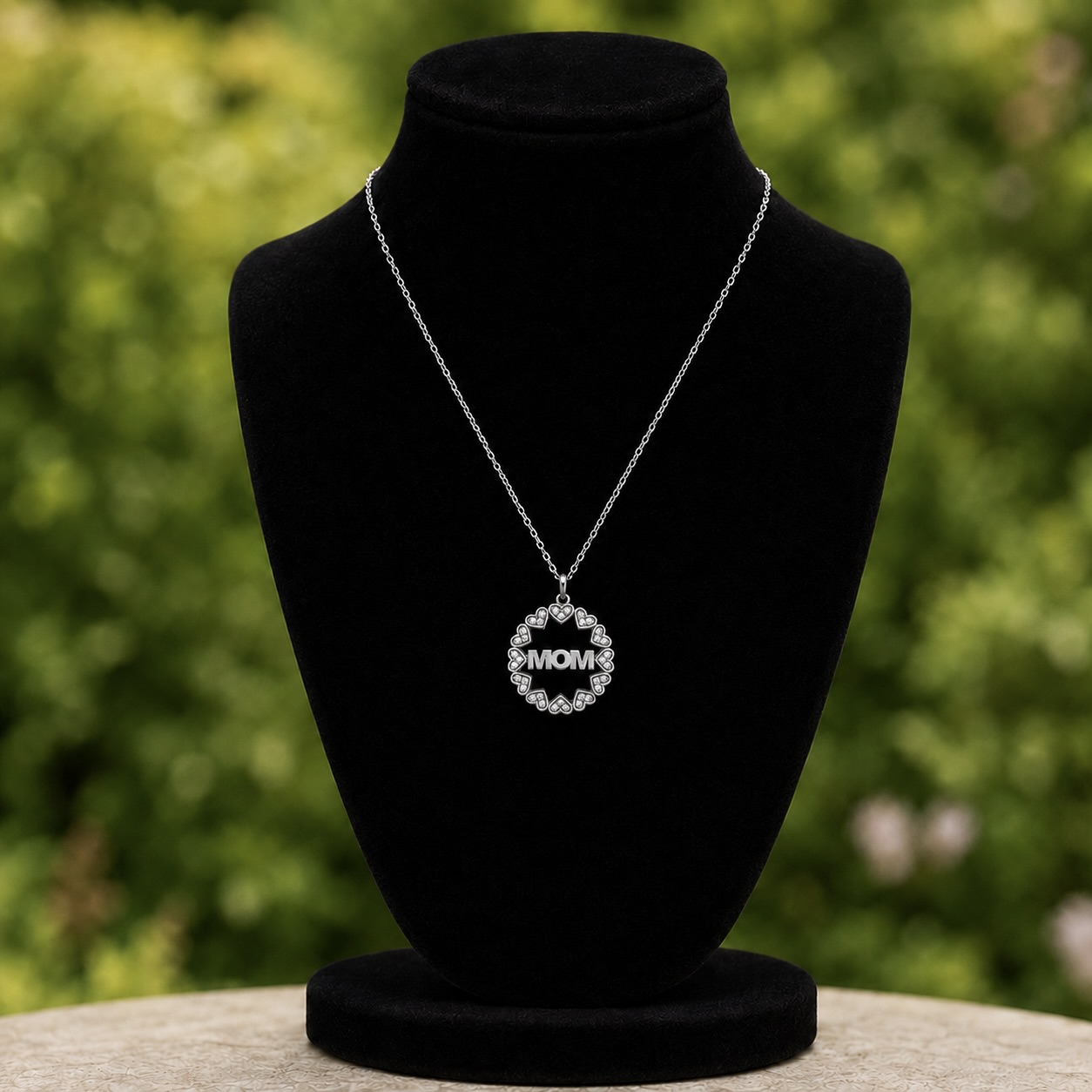 Sterling Silver 925 Round MOM Heart Charm CZ Necklace Pendant "Family" - Image 2