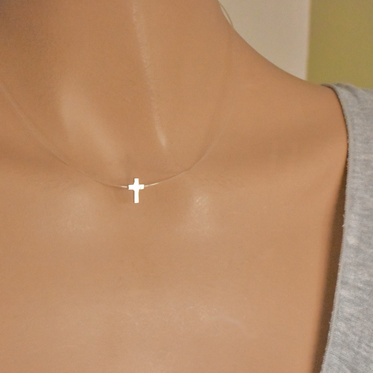 Sterling Silver 925 Cross Charm Cord Necklace "Invisible Faith" - Silver Image 3