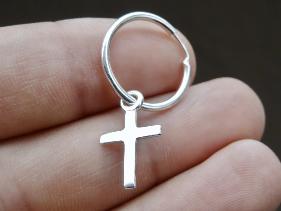 Sterling Silver 925 Single Hoop Cross Earring "Petite Faith" - Silver Image 2