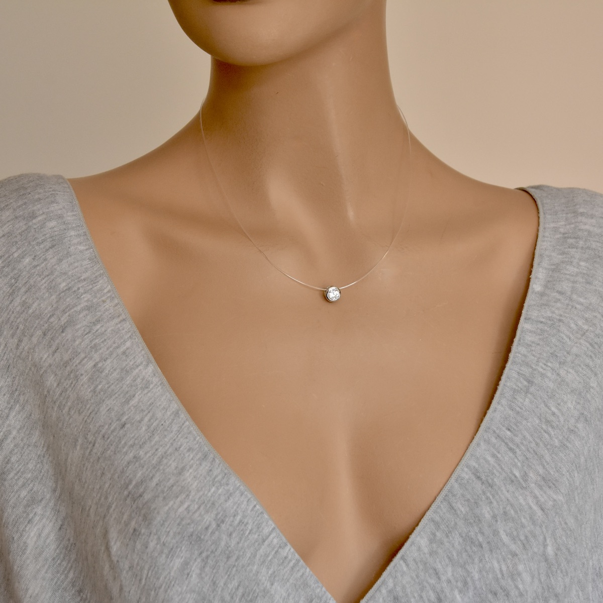 Sterling Silver 925 CZ Solitaire Cord Necklace "Lumière" - Silver Image 3