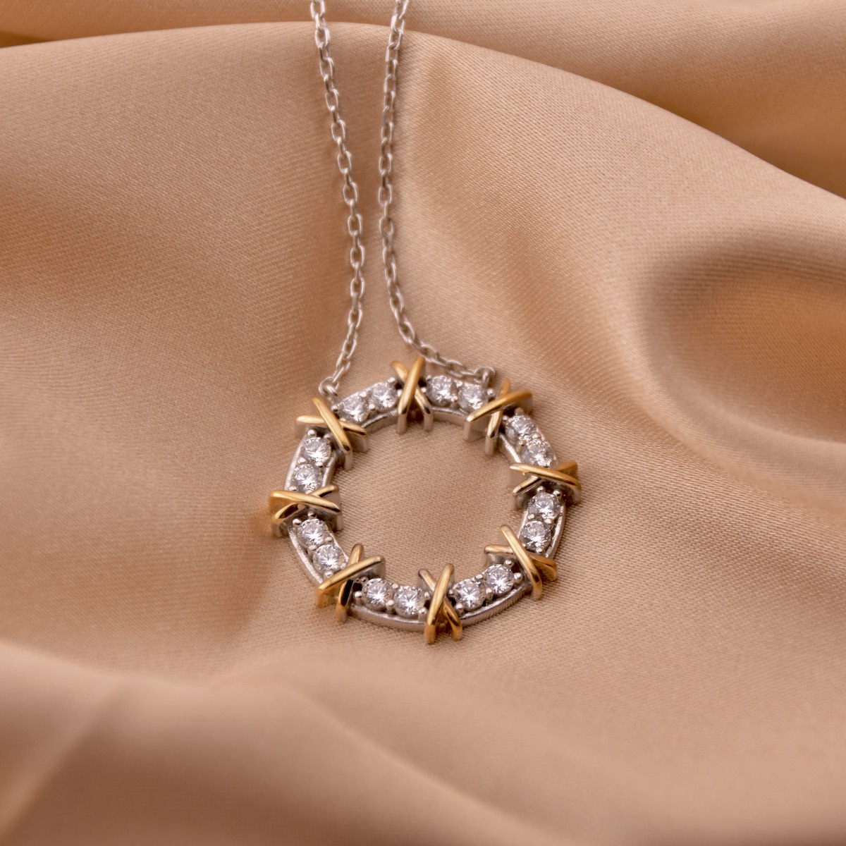Sterling Silver 925 Pave CZ Open Round Gold Plated Necklace "Eternelle Belle" - Silver Image 2