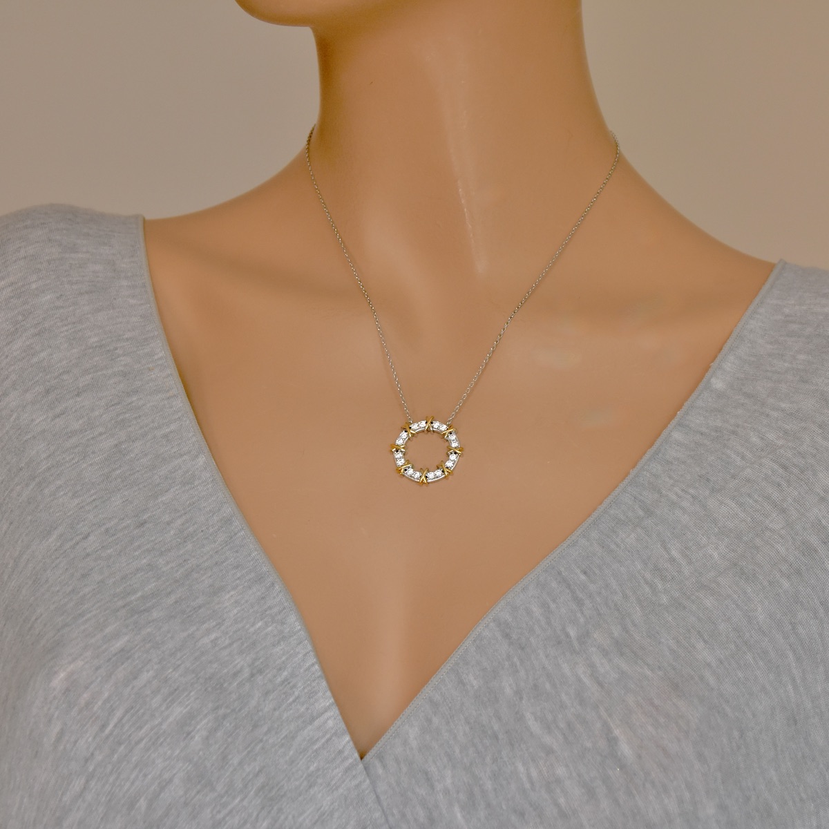 Sterling Silver 925 Pave CZ Open Round Gold Plated Necklace "Eternelle Belle" - Silver Image 3