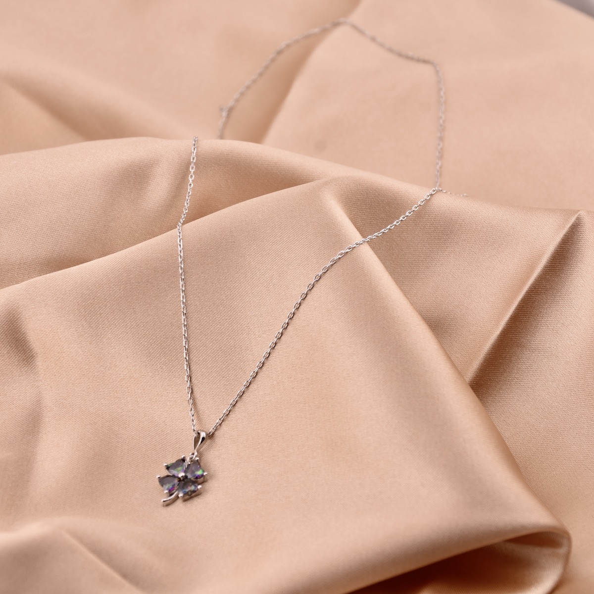 Sterling Silver 925 Four Leaf Clover Gem Necklace Pendant "Mystic Topaz" - Silver Image 3