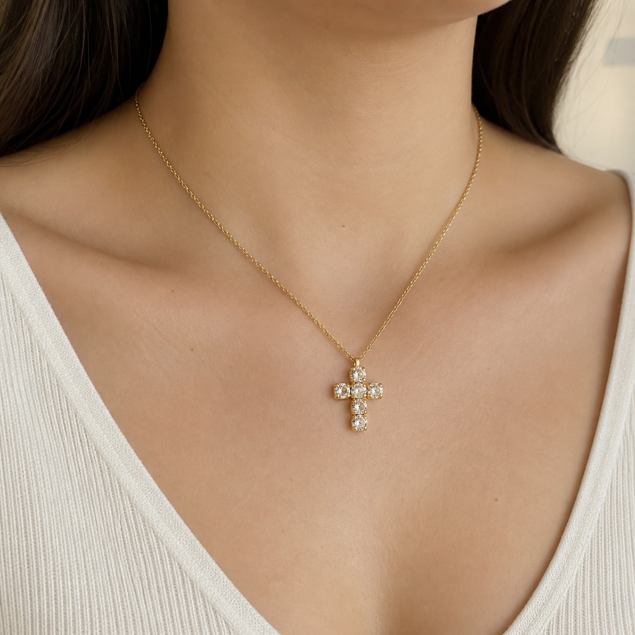 Yellow Gold Plated 925 Sterling Silver Cross Pendant Swarovski Crystal Necklace "Shimmer Glaze" - Image 2