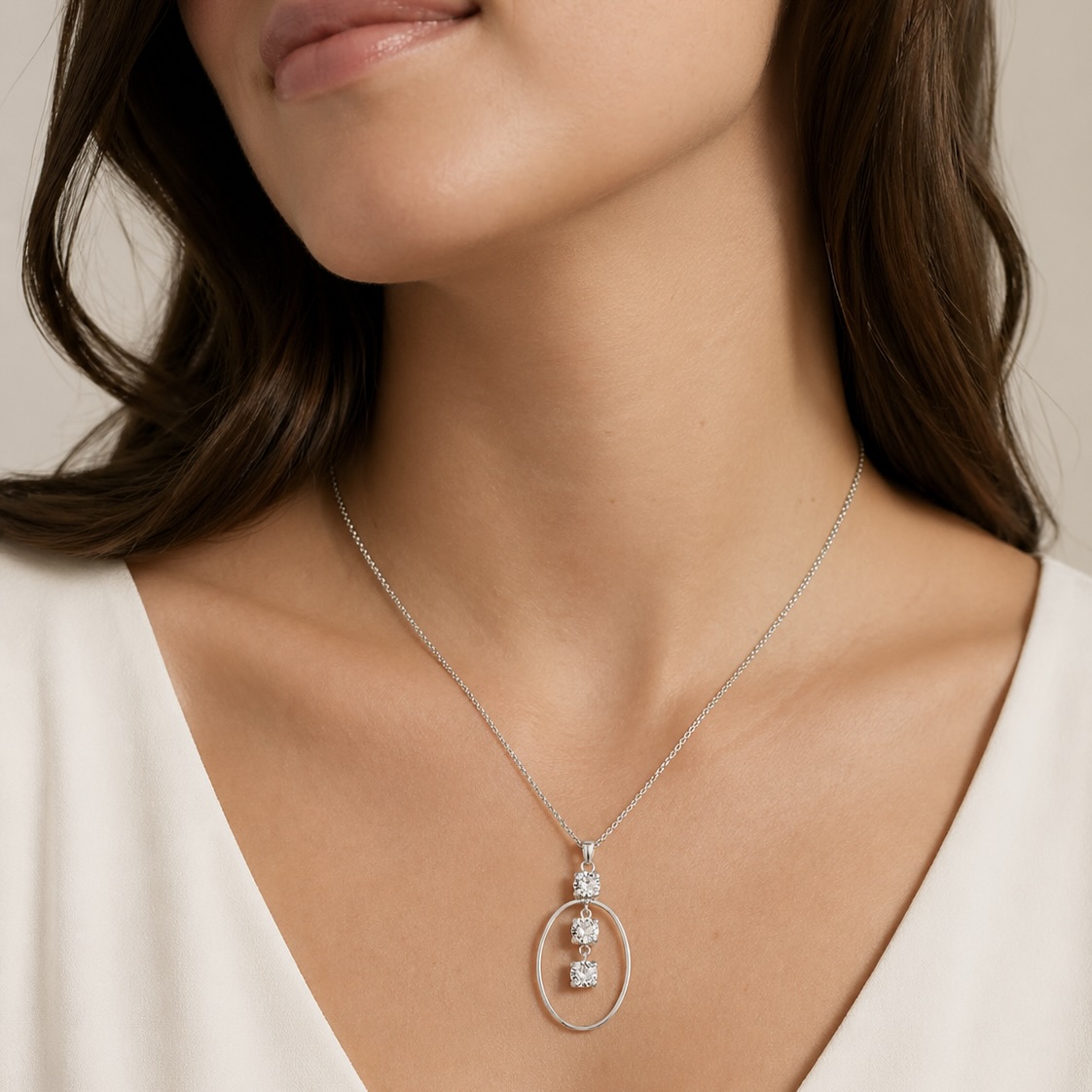 Sterling Silver 925 Oval White Swarovski Crystal Pendant Necklace "Eclat" - Image 3