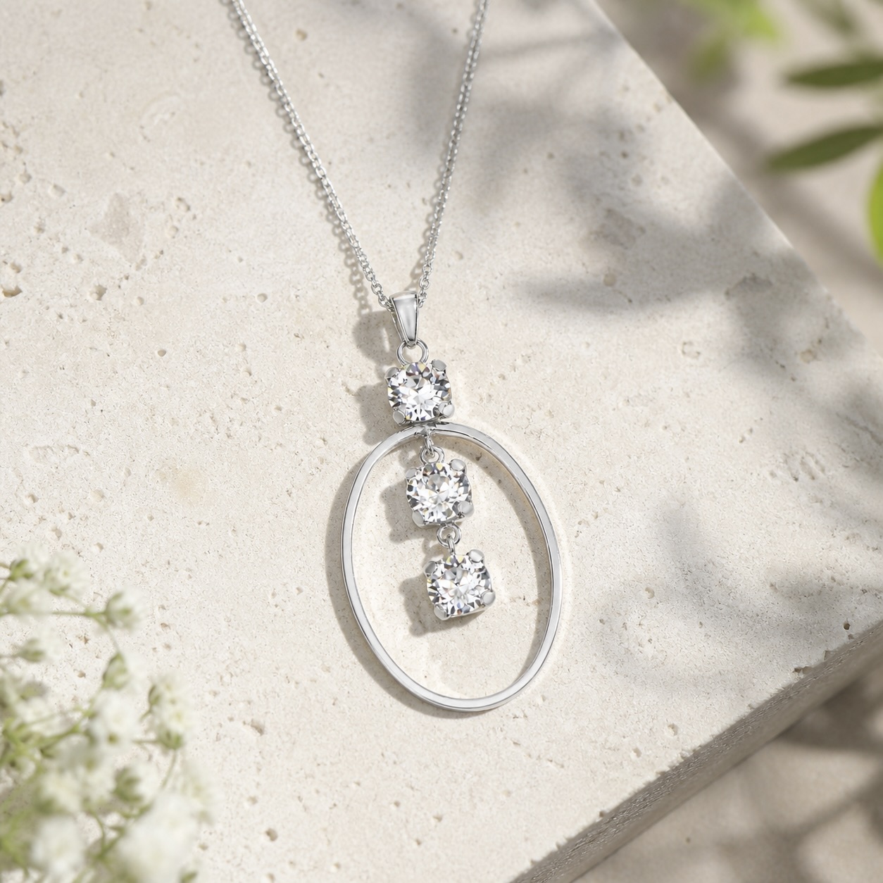Sterling Silver 925 Oval White Swarovski Crystal Pendant Necklace "Eclat" - Image 2