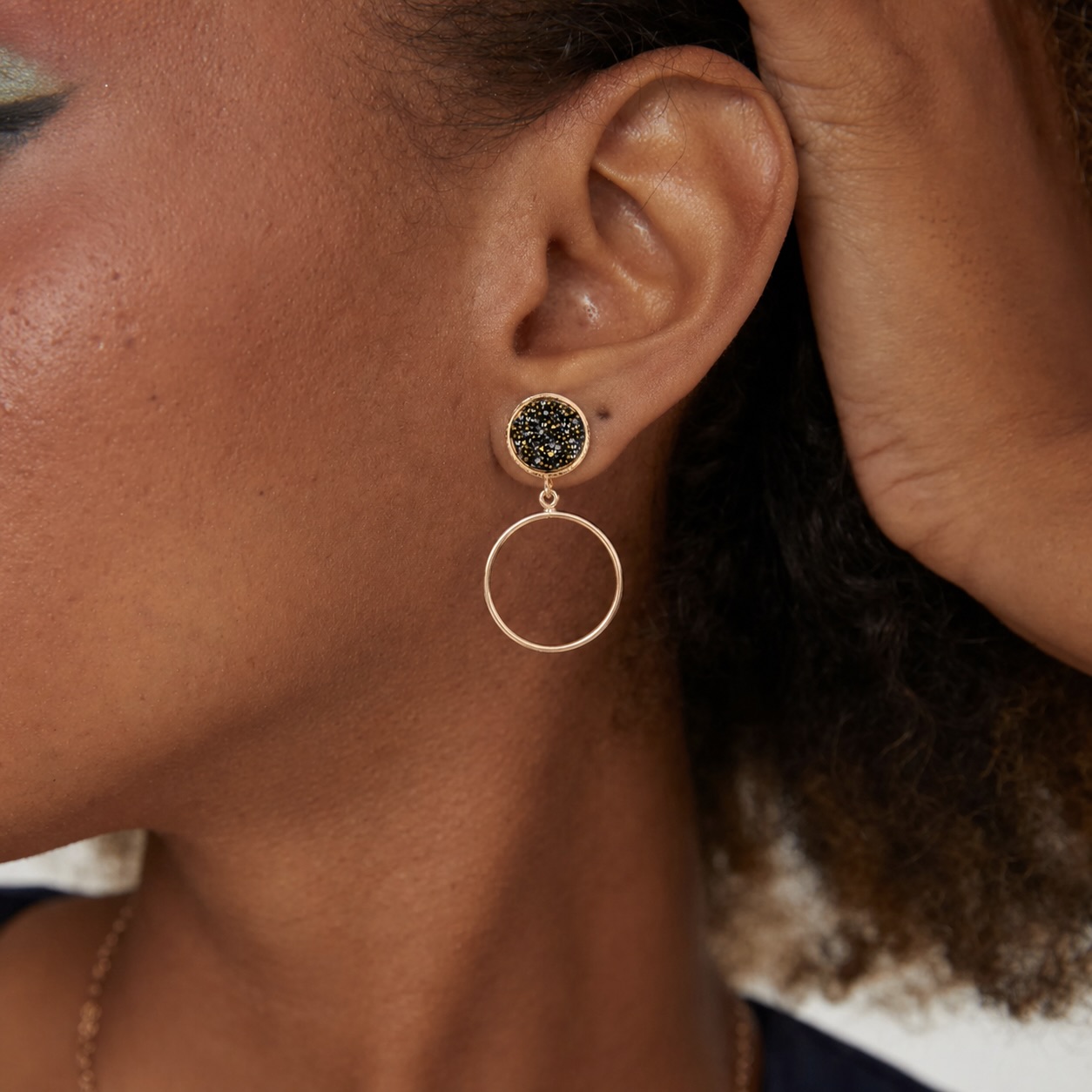 Yellow Gold Plated Sterling Silver 925 Black Druzy Stud Drop Earrings "Noir" - Image 3