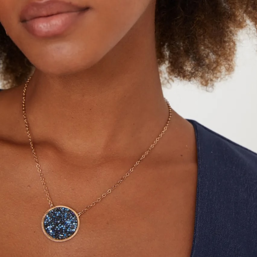 Gold Plated Sterling Silver 925 Black Druzy Circle Pendant Necklace "Noir" - Silver Image 3