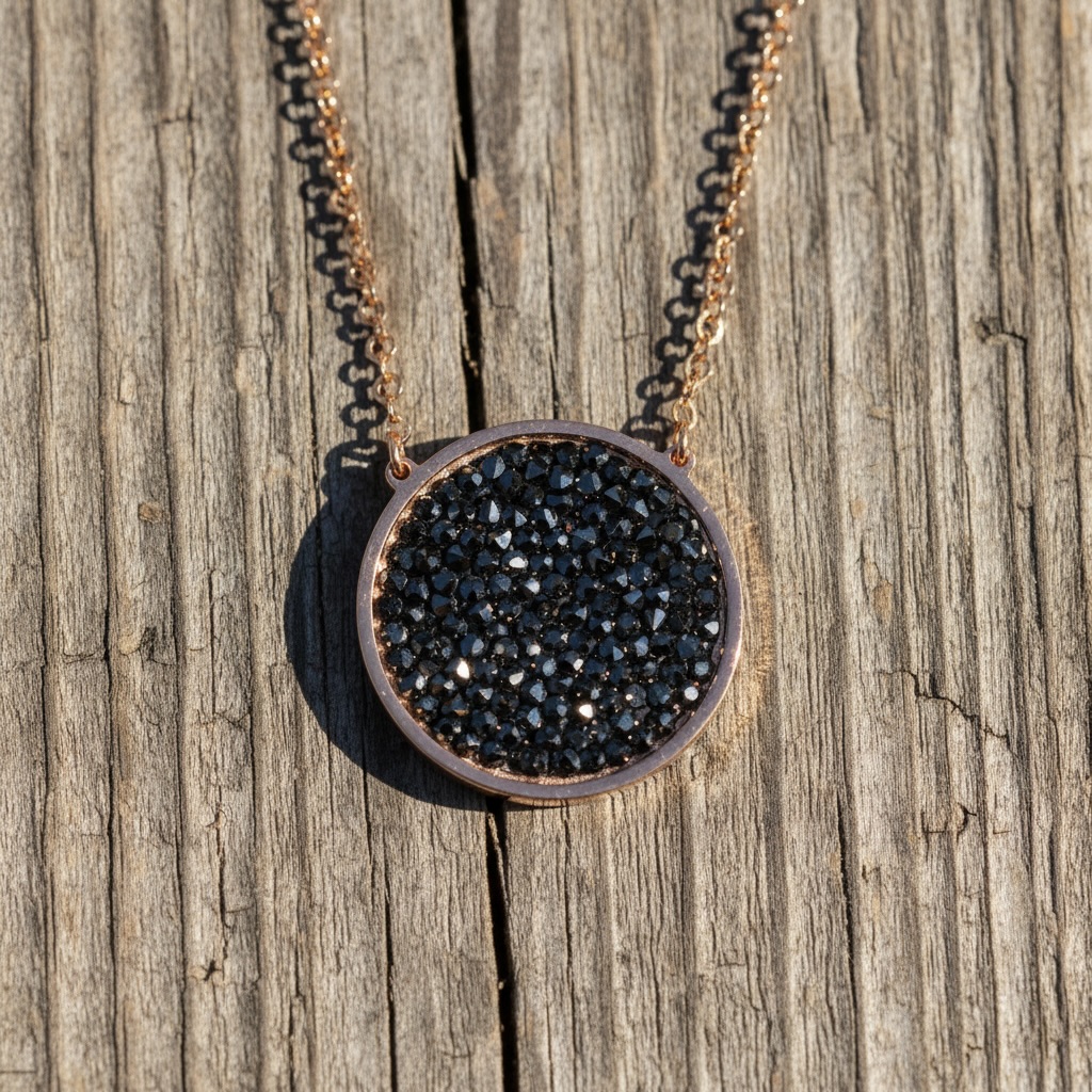 Yellow Gold Plated Sterling Silver 925 Black Druzy Circle Pendant Necklace "Noir" - Image 2