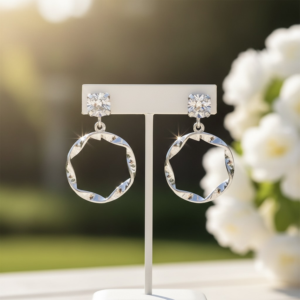 Sterling Silver 925 Twisted Hoop Swarovski Crystal Stud Drop Earrings "Helix" - Image 2