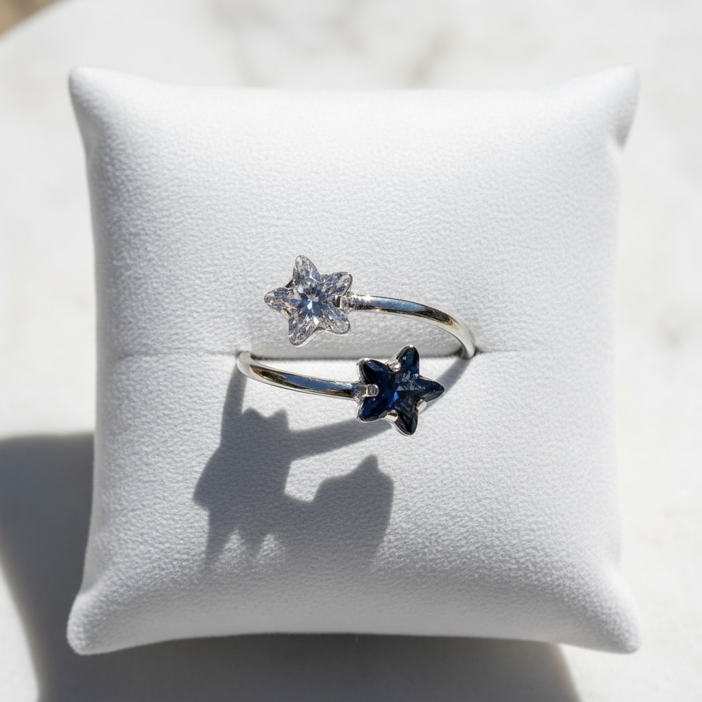 Sterling Silver 925 Double Stars Swarovski Crystal Adjustable Wrap Ring "Polaris" - Image 2