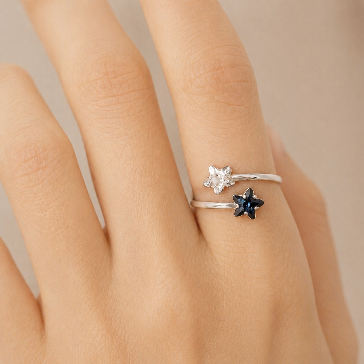 Sterling Silver 925 Double Stars Swarovski Crystal Adjustable Wrap Ring "Polaris" - Image 3