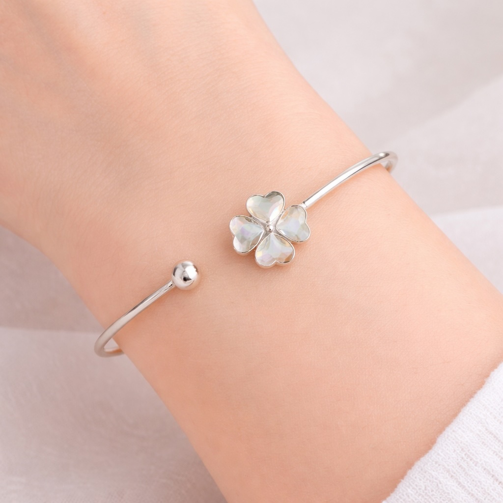 Sterling Silver 925 Four Leaf Clover Swarovski Crystals Cuff Bracelet "Blessed" - Silver Image 2
